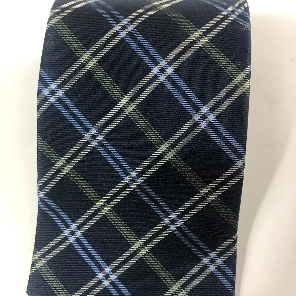 VTG Tommy Hilfiger 100% Silk Tie Navy Blue Plaid/Tartan Grid Made in USA Necktie